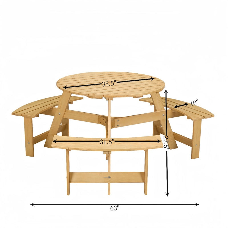 63 in. Wood Round Picnic Tables Set with Umbrella Hole and Benches