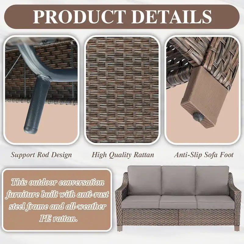 7 Pcs Patio Furniture Set with Chair Ottoman - Brown