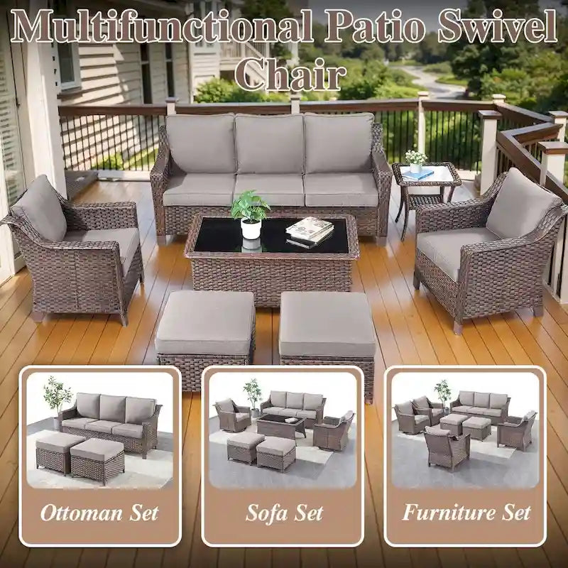 7 Pcs Patio Furniture Set with Chair Ottoman - Brown