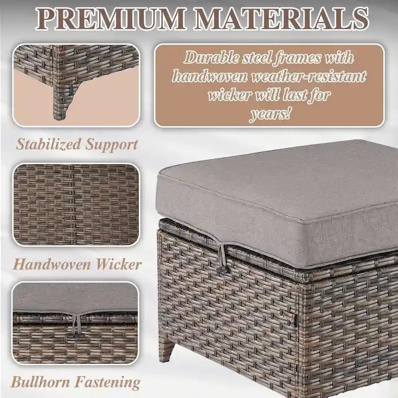 7 Pcs Patio Furniture Set with Chair Ottoman - Brown