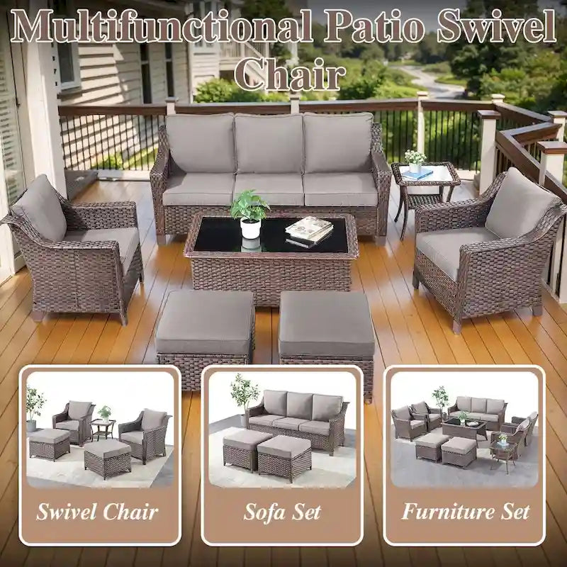 7 Pcs Patio Furniture Set with Chair Ottoman - Brown