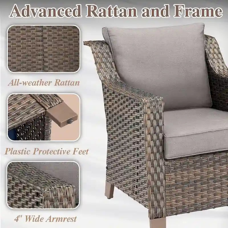 7 Pcs Patio Furniture Set with Chair Ottoman - Brown