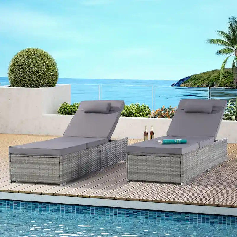 Set of 2 Outdoor Rattan Chaise Lounge with Adjustable Backrest