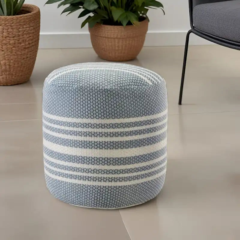 20 Blue Polyester Round Striped Indoor Outdoor Pouf Ottoman
