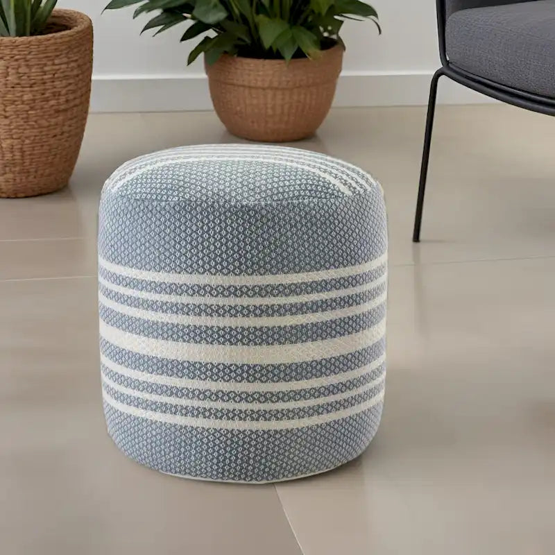 20 Blue Polyester Round Striped Indoor Outdoor Pouf Ottoman