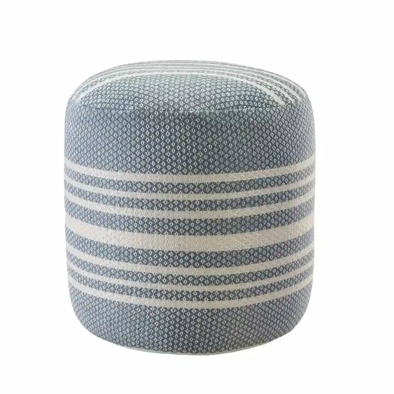 Pouf rond rayé bleu en polyester (20 cm), pour intérieur et extérieur.