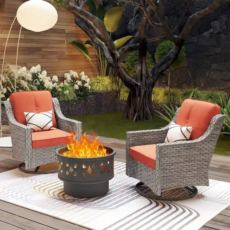 OVIOS 3 Pieces Outdoor Wicker Curved Swivel Chair Set With Fire Table