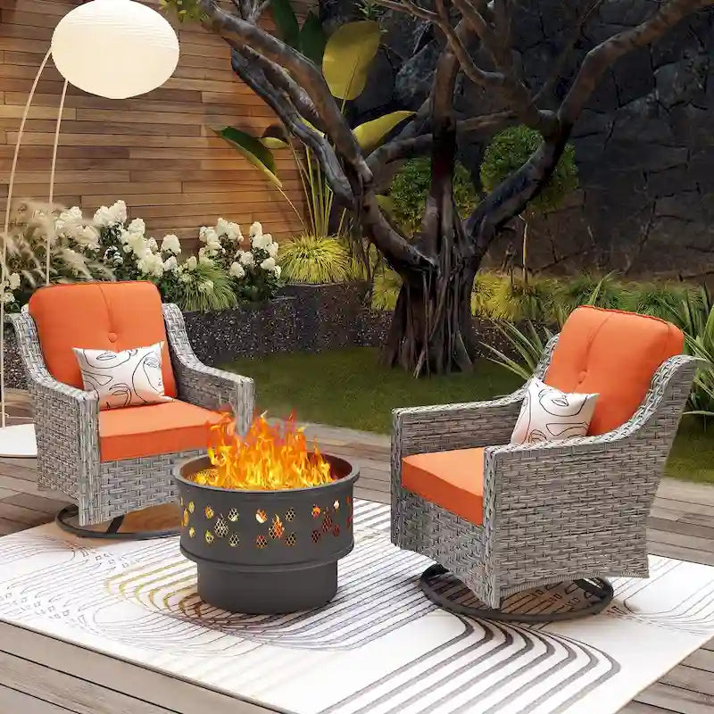 OVIOS 3 Pieces Outdoor Wicker Curved Swivel Chair Set With Fire Table
