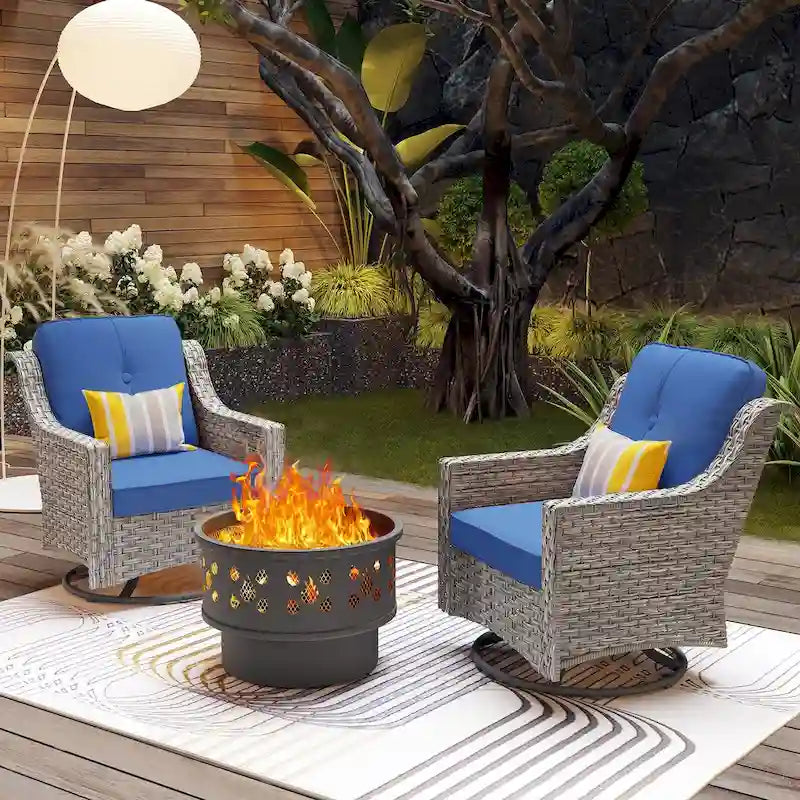 OVIOS 3 Pieces Outdoor Wicker Curved Swivel Chair Set With Fire Table