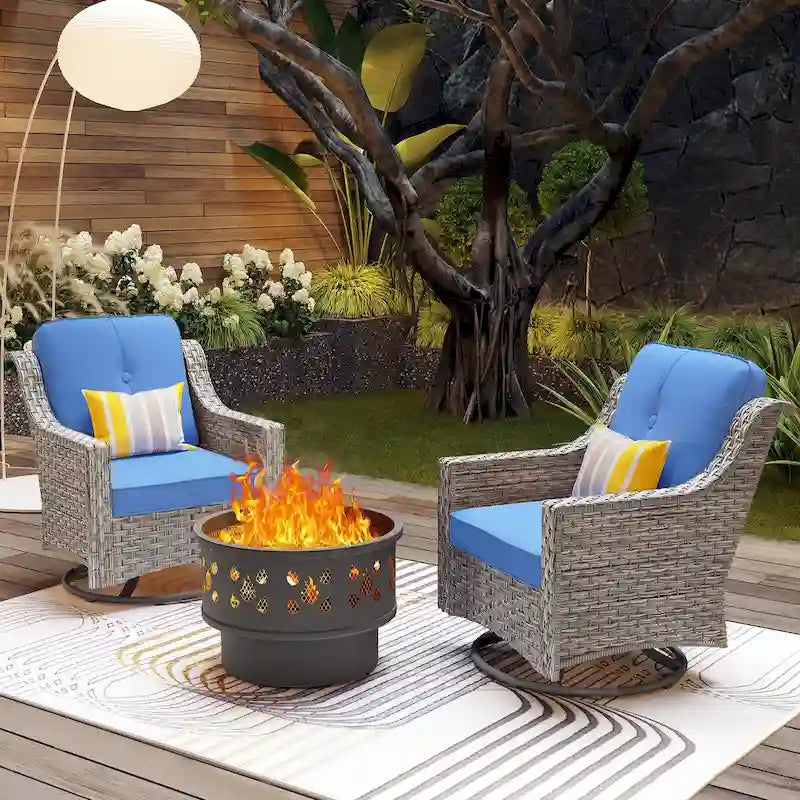 OVIOS 3 Pieces Outdoor Wicker Curved Swivel Chair Set With Fire Table