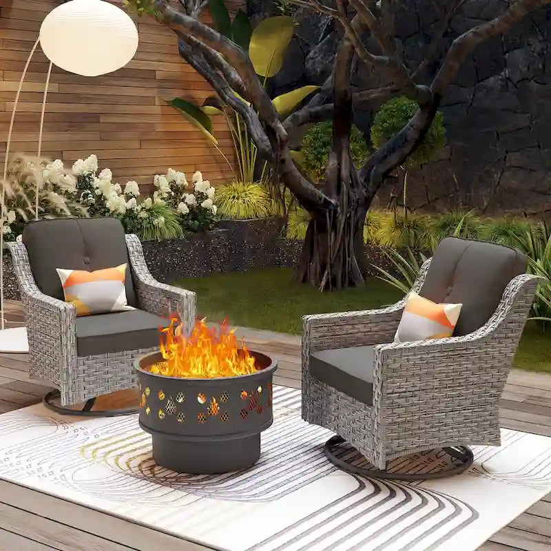 OVIOS 3 Pieces Outdoor Wicker Curved Swivel Chair Set With Fire Table