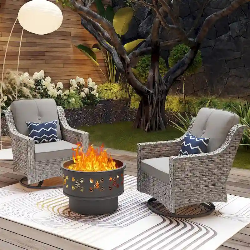 OVIOS 3 Pieces Outdoor Wicker Curved Swivel Chair Set With Fire Table