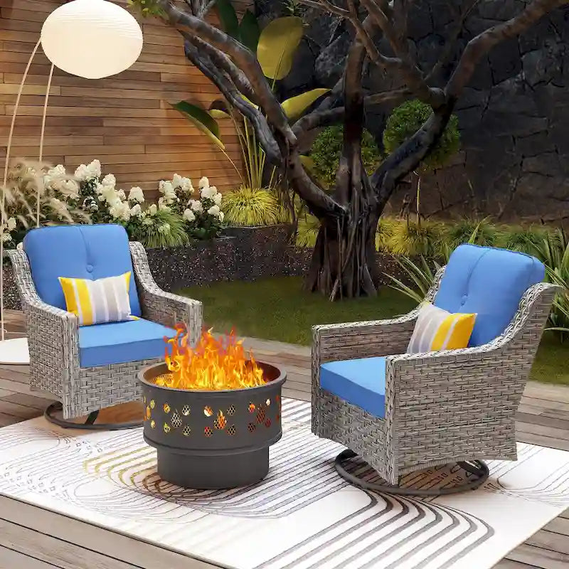 OVIOS 3 Pieces Outdoor Wicker Curved Swivel Chair Set With Fire Table