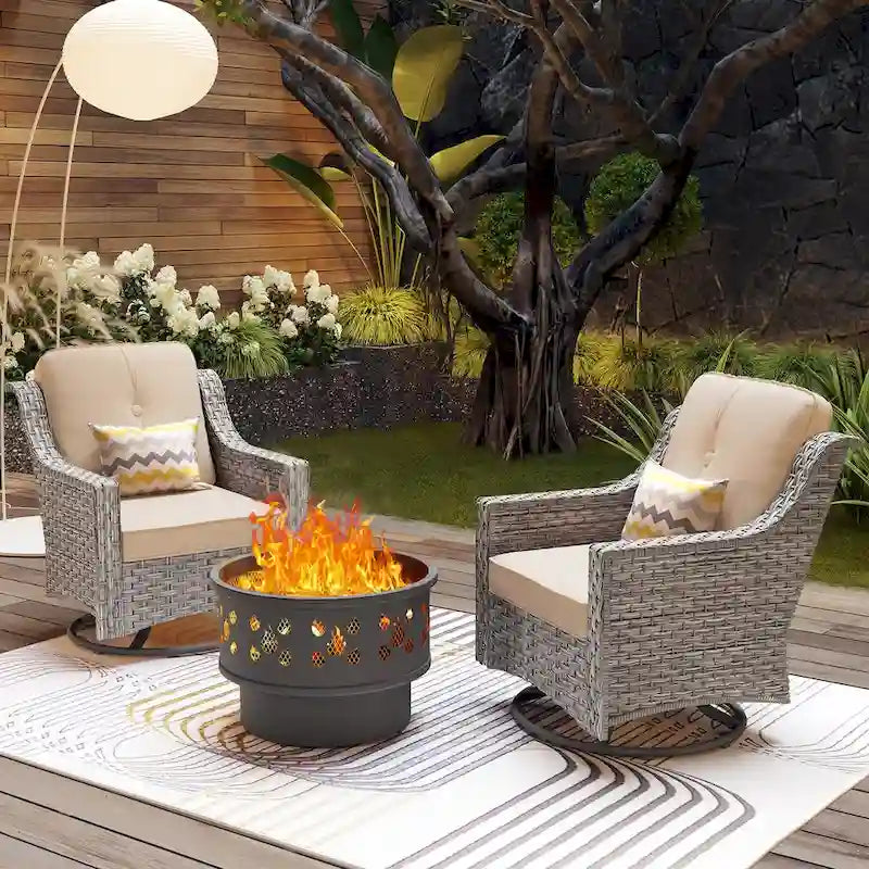 OVIOS 3 Pieces Outdoor Wicker Curved Swivel Chair Set With Fire Table