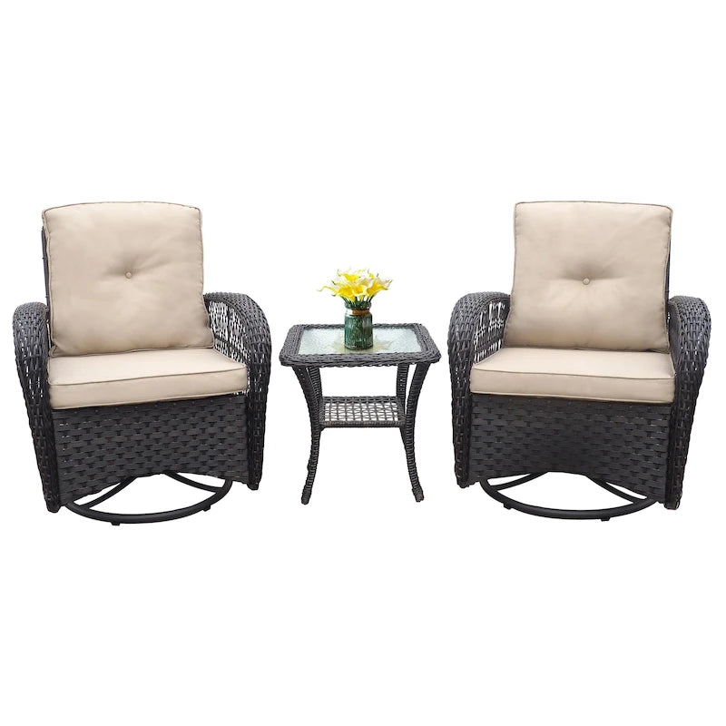 3 Pieces Conversation Set with Swivel Chair and Glass Top Side Table