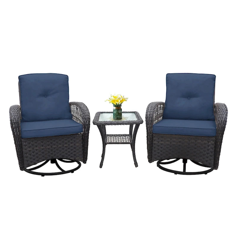 3 Pieces Conversation Set with Swivel Chair and Glass Top Side Table