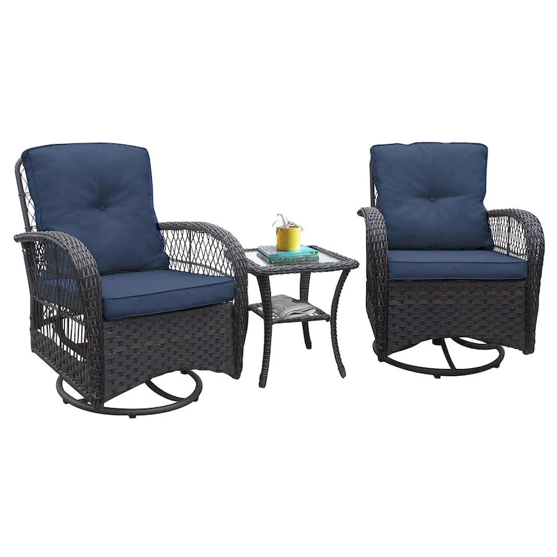3 Pieces Conversation Set with Swivel Chair and Glass Top Side Table