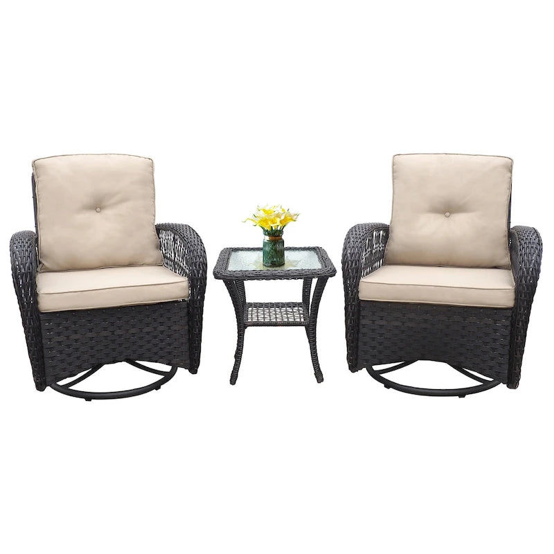 3 Pieces Conversation Set with Swivel Chair and Glass Top Side Table