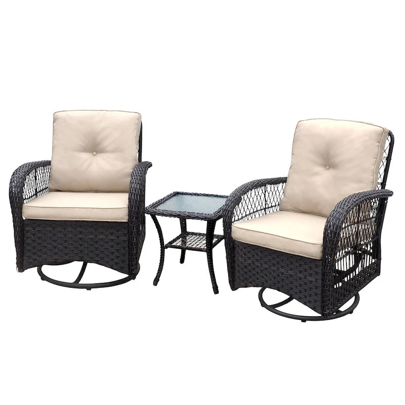 3 Pieces Conversation Set with Swivel Chair and Glass Top Side Table